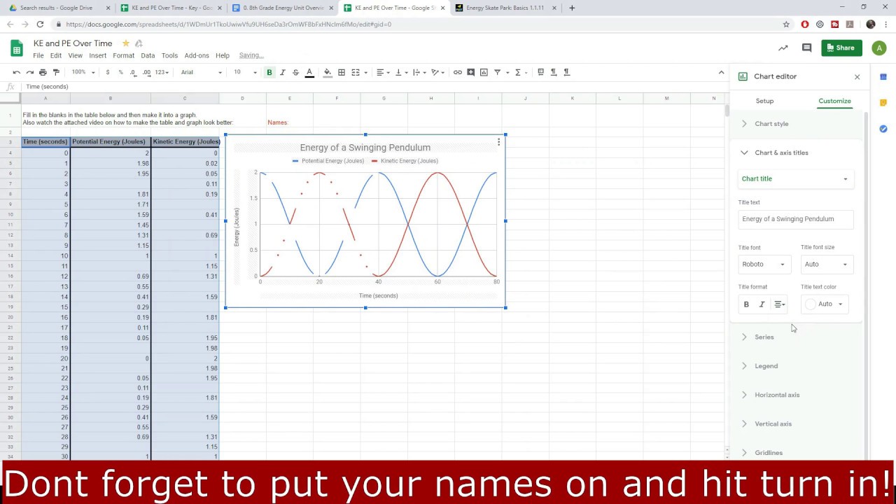 Google Sheets Tutorial - Kinetic Energy and Potential Energy Table and ...