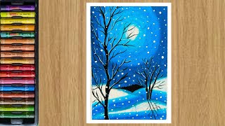 How to draw winter snowfall scenery with oil paste/for beginners step by step