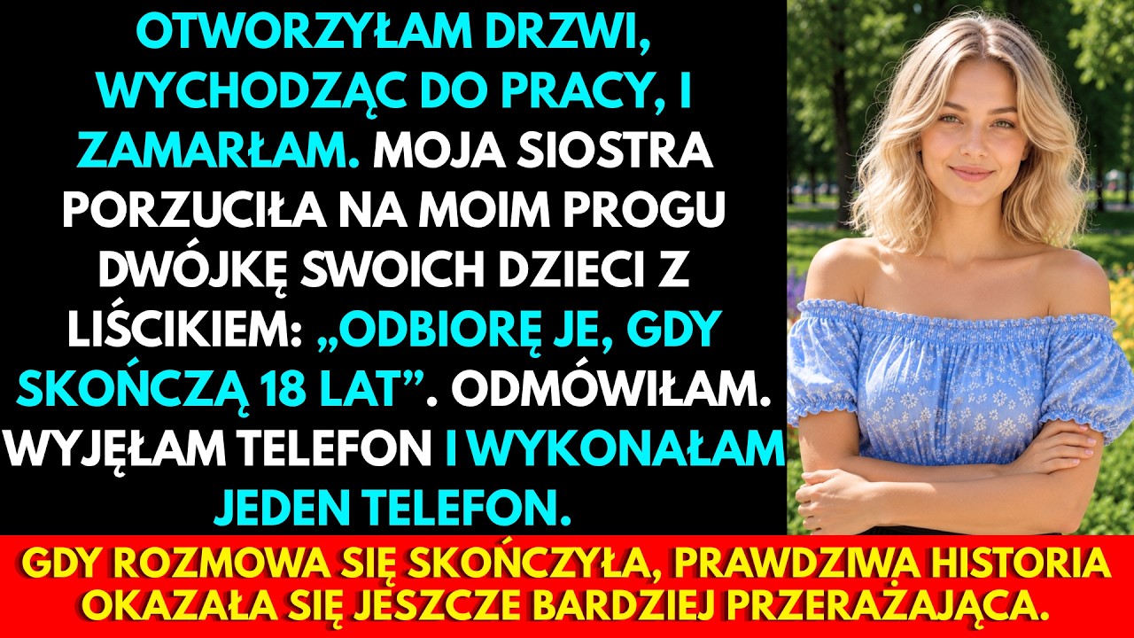 Otwierając drzwi w poniedziałek o świcie, znalazłam pod wycieraczką dwoje małych dzieci. Moja siostra zostawiła je tam z kartką: „Odbiorę je, jak skończą 18 lat". Zuzia, która ma cztery lata,...