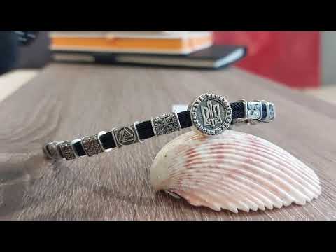 Браслет срібний Тризуб із рунами та чорним текстилем, видео 1