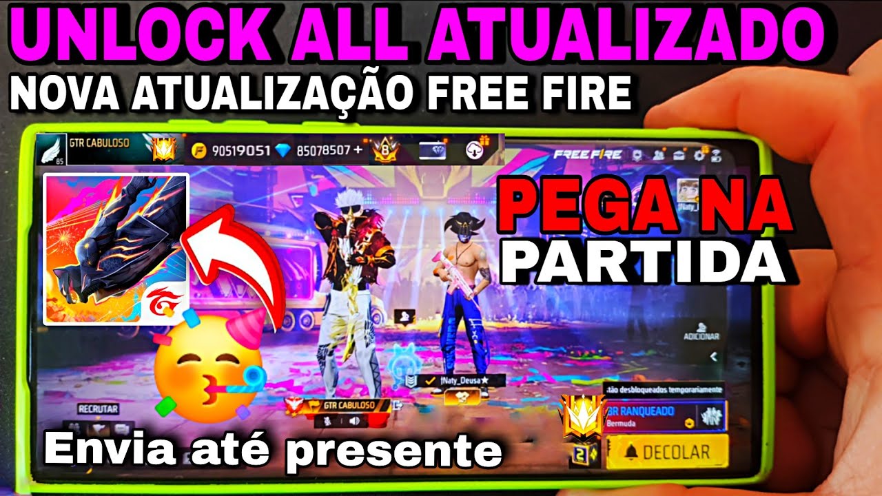 ATUALIZOU! 🥳 UNLOCK ALL VIP COM TODAS SKIN NO FREE FIRE NORMAL PEGANDO NA PARTIDA 🎁 Envia presente