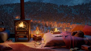 Deep Sleep with Blizzard and Fireplace Sounds - Cozy Winter Ambience, Snow Storm and Wind Sound.