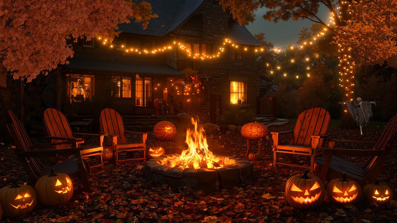 Cozy Halloween Porch 🎃 Crackling Fire, Glowing Jack-o’-Lanterns & Peaceful Autumn Night Ambience