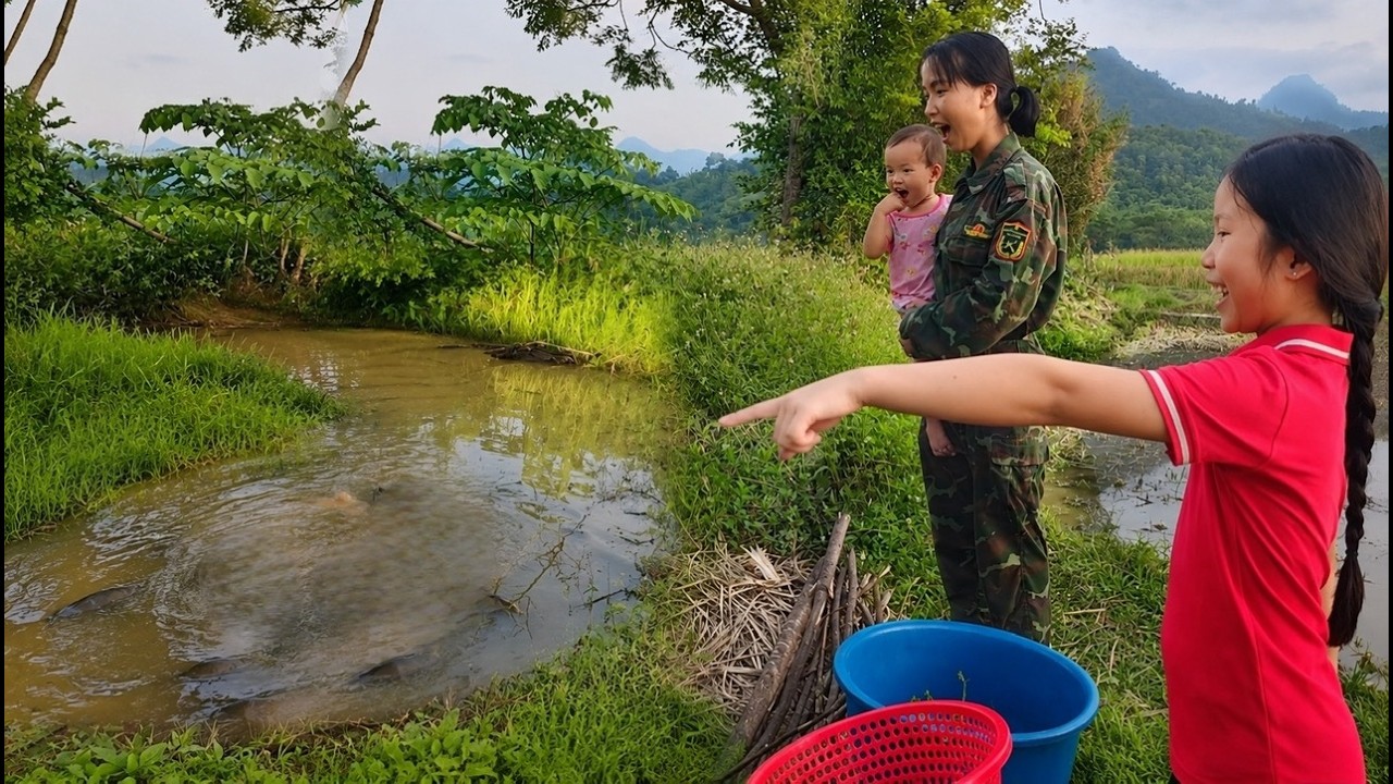 The former female soldier and her children stumbled upon a stagnant pond full of fish