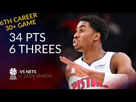 Jaden Ivey 34 pts 6 threes vs Nets 23/24 season