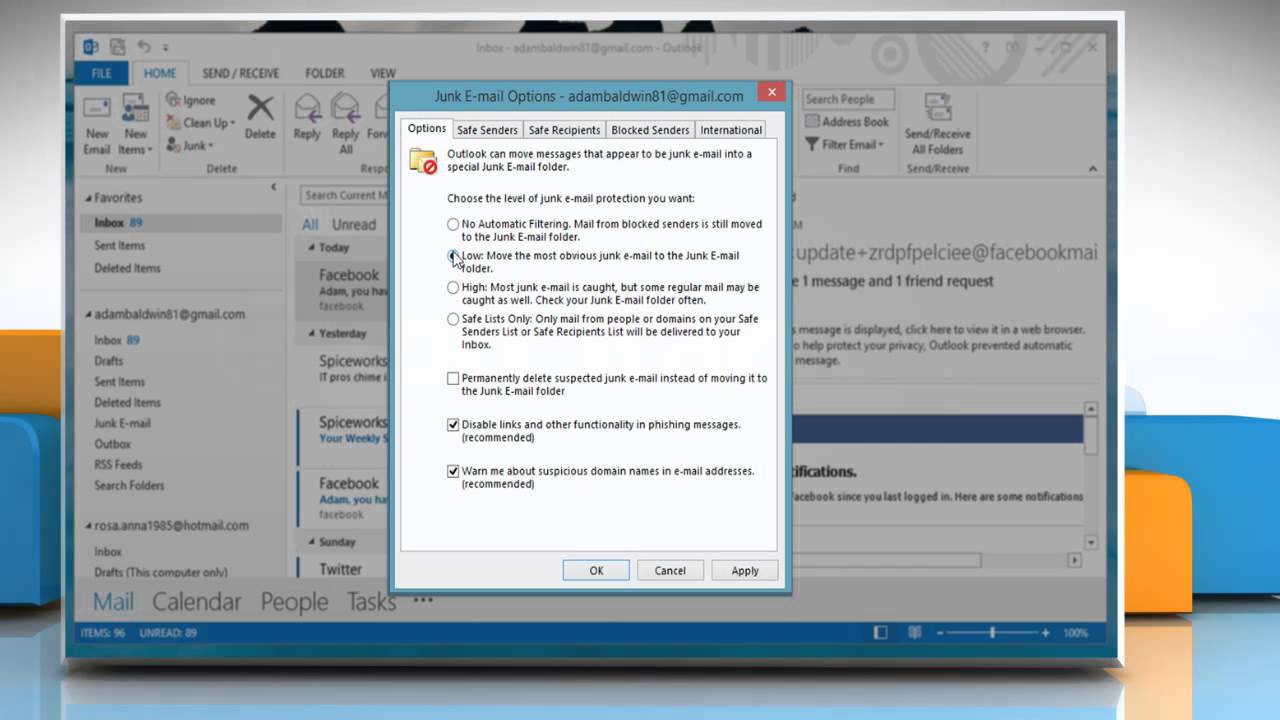 How to configure Junk e-mail settings in Microsoft® Outlook 2013 on a Windows® 8.1 PC