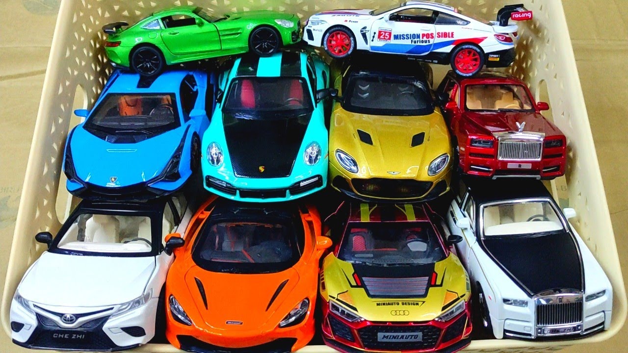 Box full of Mini EV, McLaren, BMW, Rolls Royce, Audi, Jeep, Lamborghini, Bugatti, Police car ...