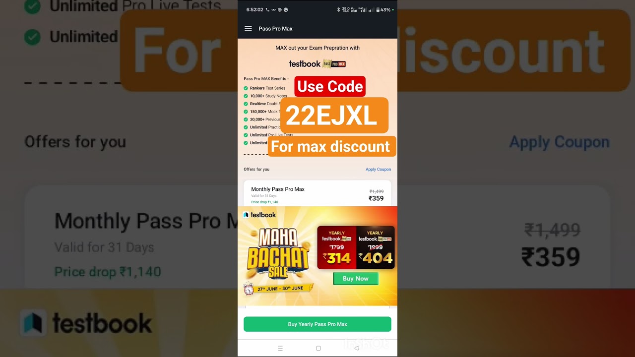 Testbook pass pro @ 310 discount for today 🔥