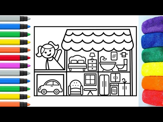 How to Draw a DOLL HOUSE for Kids 💖💜💚Doll House Drawing for