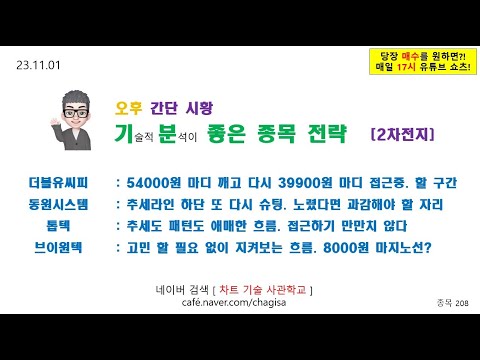 [오후시황 및 종목전략] 더블유씨피 동원시스템즈 <strong>톱텍</strong> 브이원텍 2차전지 관련주 주가 매매 전략 231101