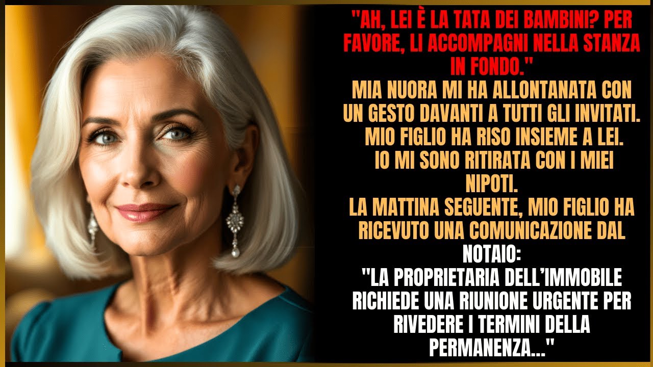 Una frase di mia nuora ha spento le risate nella stanza affollata: «Ah, lei è la tata dei bambini, per cortesia li accompagni nella saletta secondaria.» Trenta invitati mi hanno guardata, mio...