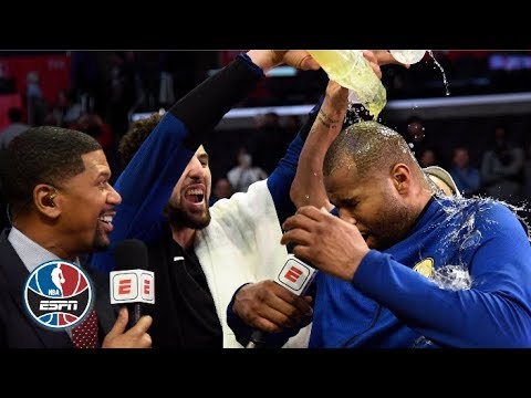 DeMarcus Cousins gets drenched by Steph Curry & Klay Thompson | After The Buzzer