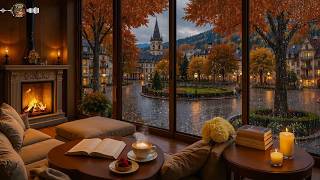 Soft Autumn Rain, Velvet Jazz Melodies & Warm Coffee 🍂 Firelit Café Ambience For Study & Deep Work