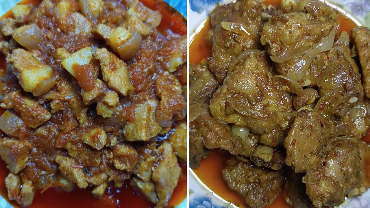 ဝက်သားဟင်း နဲ့ ဝက်နံရိုးဟင်းလေးပါ။pork curry and pork bone curry.