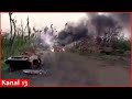 Footage of Russian military equipment burning on roadside after drone and artillery strikes