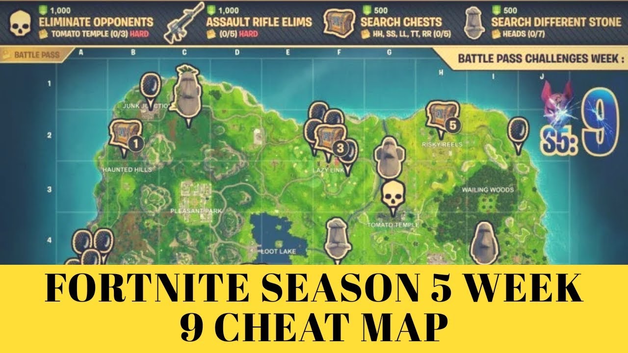 fortnite season 5 week 9 map cheat sheet - fortnite season 5 cheat sheet