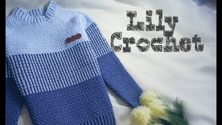 بلوفر كروشيه أولادي قطعة واحدة من فوق لتحت بدون حردات Top down crochet sweater moss stitch