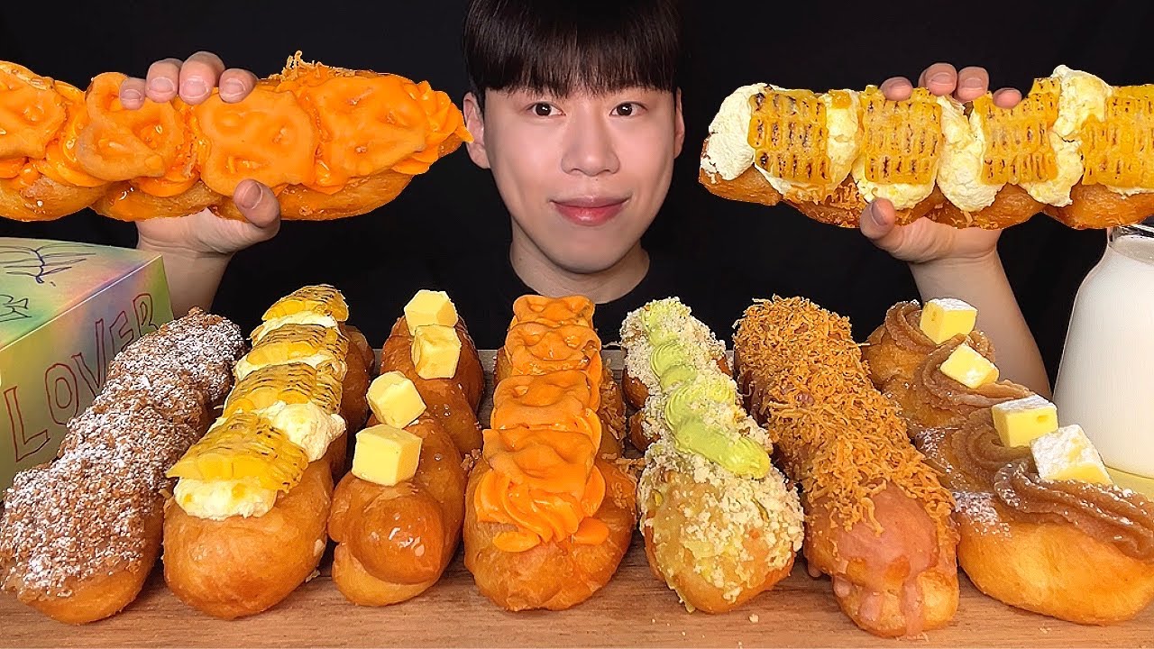 SUB)корейское шоу с поеданием витых пончиков со сливками│Korean street food twisted donuts mukbang