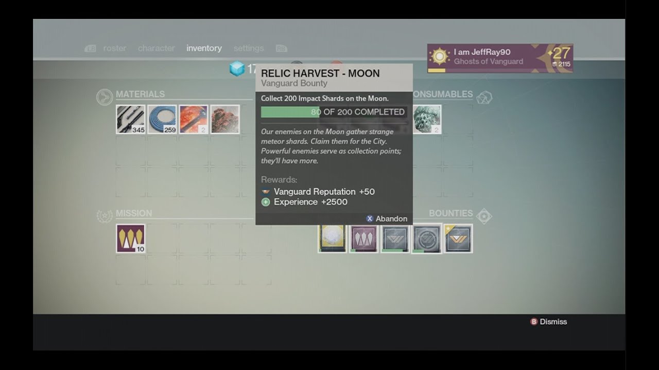 Destiny - Bounty Track - Relic Harvest Moon-  Collect 200 Impact Shards