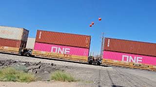 Union Pacific single engine leads a westbound monster autorack/intermodal train in Santa Teresa 