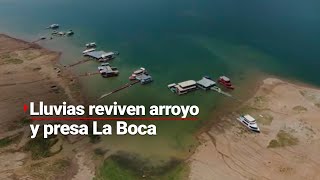 Tras lluvias recientes, el arroyo La Chueca, en Nuevo León, rejuvenece alimentando la presa La Boca.