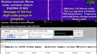 Numbers Station, Russian sourced, Morse code, ENIGMA ID M12, 6861 kHz, 07 September, 2024, 2120 UTC