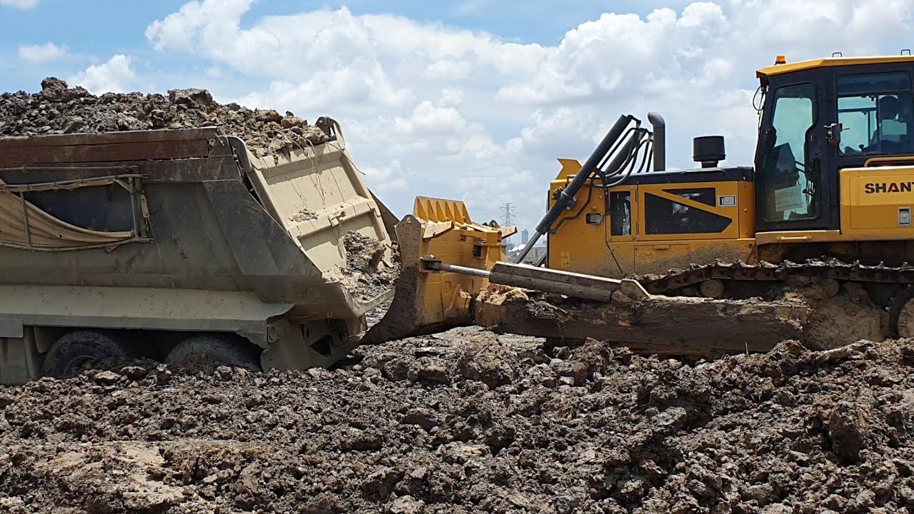 Best Action work of Heavy Machines Dump truck unloading Dirt, Bulldozer