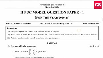 2nd PUC Basic Maths 2020-2021 Reduced Syllabus Question Paper For Reference-Class Series