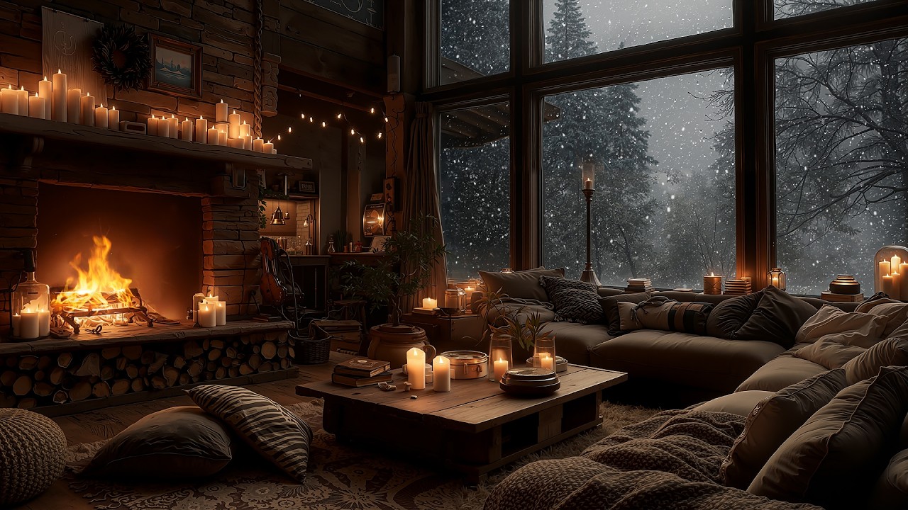 Calm Winter Night in a Forest Cabin ⛄ Gentle Piano & Fireplace Sounds for Work, Study & Focus