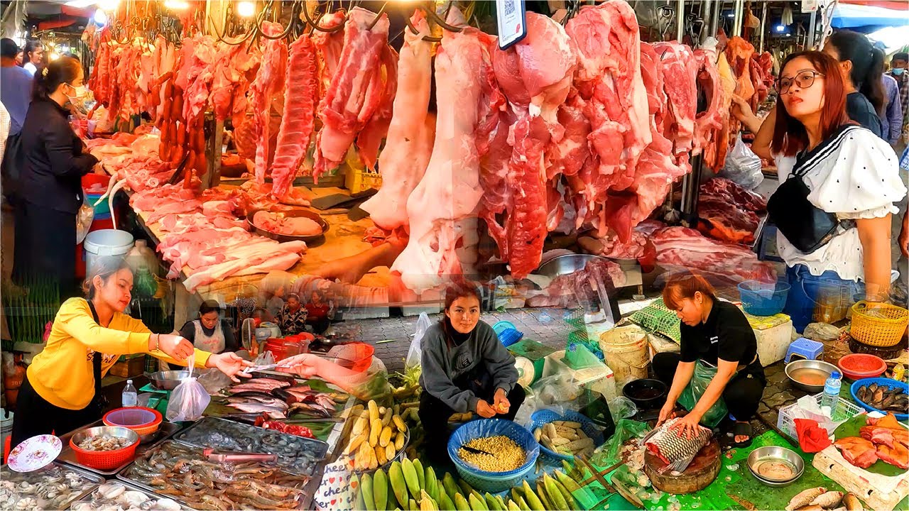Amazing Cambodian Mixed Market Food. Daily Food, Fish, Vegetables, Meat, Fruits. Fish Market