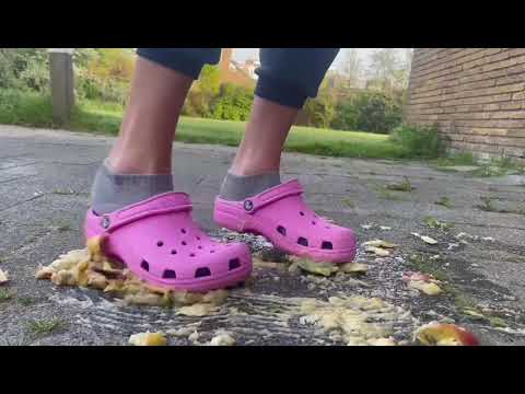 girl in pink crocs shoes crushing and trample fruit food. ASMR satisfying trampling.