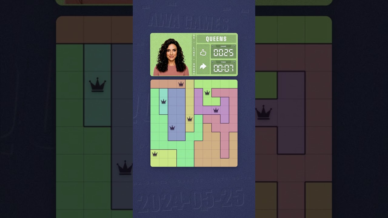 LinkedIn Queens #25 solved board for May 25, 2024, 10x10 grid