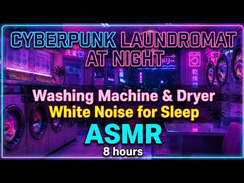 Cyberpunk Laundromat at Night 🌃 | Washing Machine & Dryer White Noise for Sleep (8 Hours)