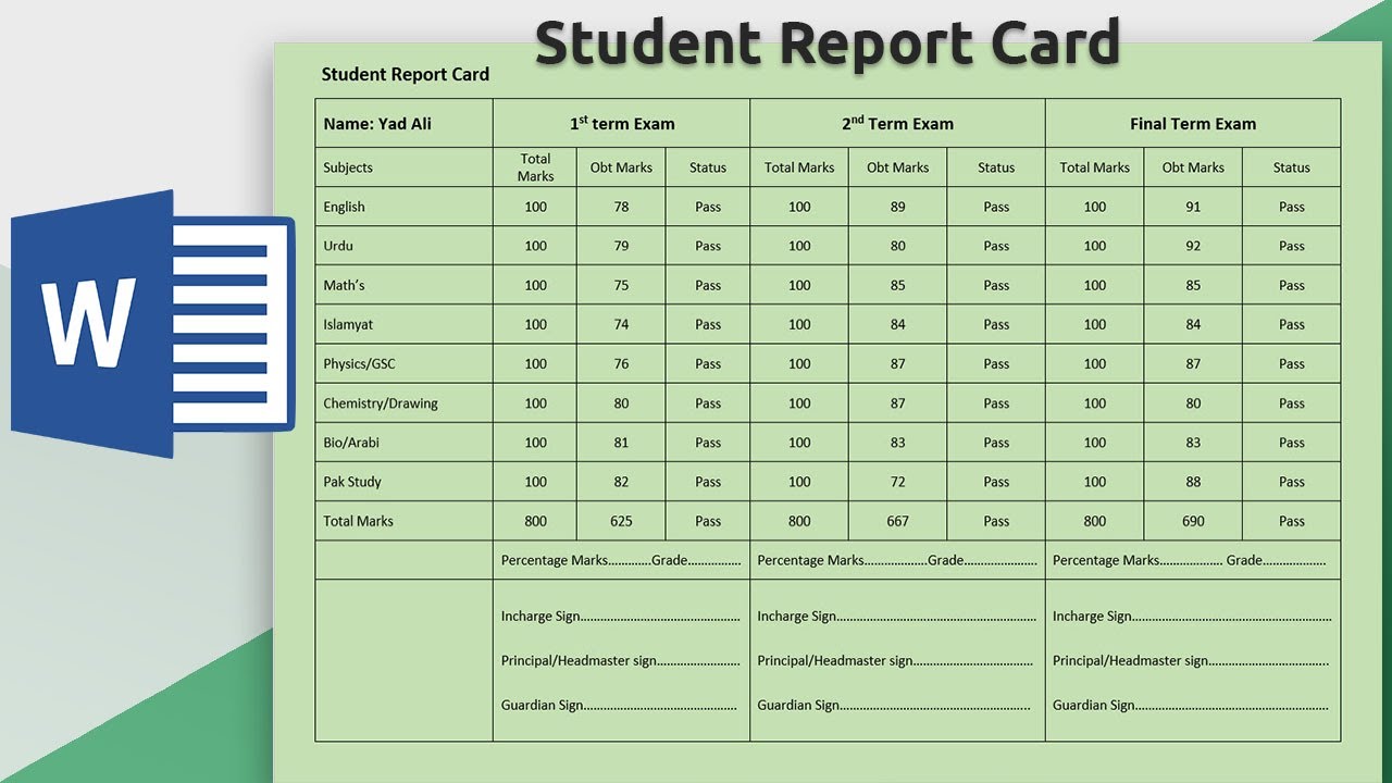 assignment grade card