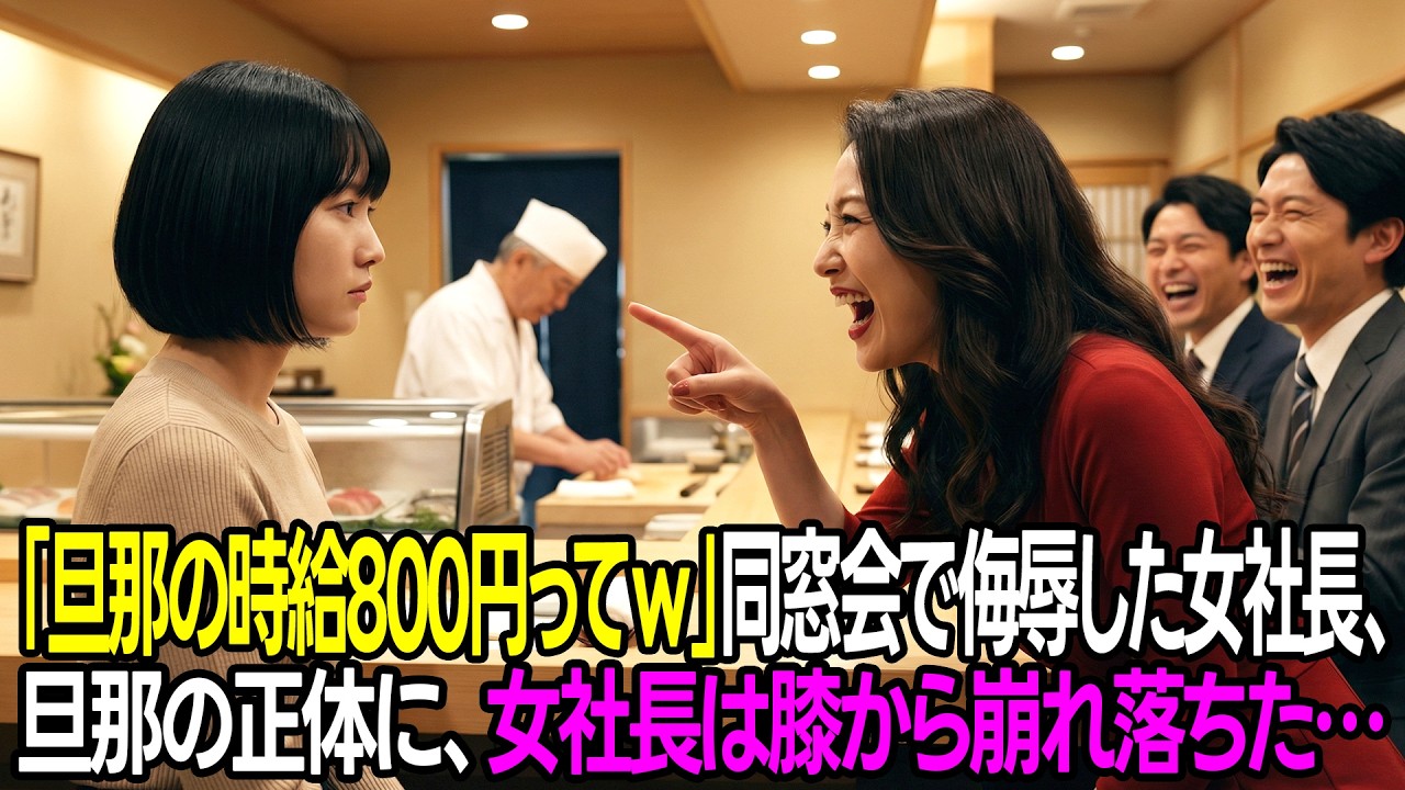 「時給800円の旦那、ここに来れるの？ｗ」高級寿司店で皆の前で恥をかかせた同級生の女社長。30秒後、現れた旦那の正体に、女社長は膝から崩れ落ちた…