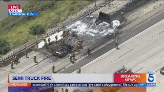 Semitruck carrying meat incinerated by massive fire on 5 Freeway 