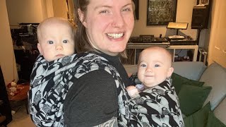 Freya’s Tandem Twin Carry with two woven wraps / Front + Back carry / Babywearing twins
