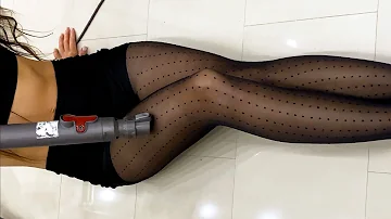 Cleaning motivation | Transparent See though pantyhose | Vacuuming socks | girl clean mop the floor