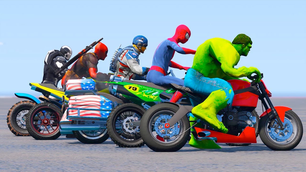 Moto de course défi SpiderMan avec les super-héros Hulk War Machine  Deadpool Spider-Man- Mods GTA V - YouTube