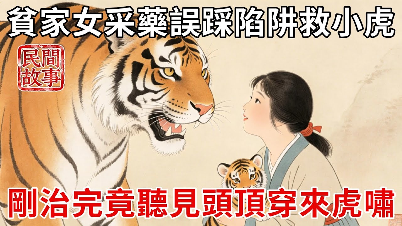 貧家女為湊弟弟學費去山中采草藥，誤踩陷阱掉進深坑，坑中有個受傷的小老虎，剛替小老虎治完傷就聽見頭頂穿來虎嘯！#民間故事 #傳統文化 #原創虛構 #華語有聲書 #槐樹下聽書