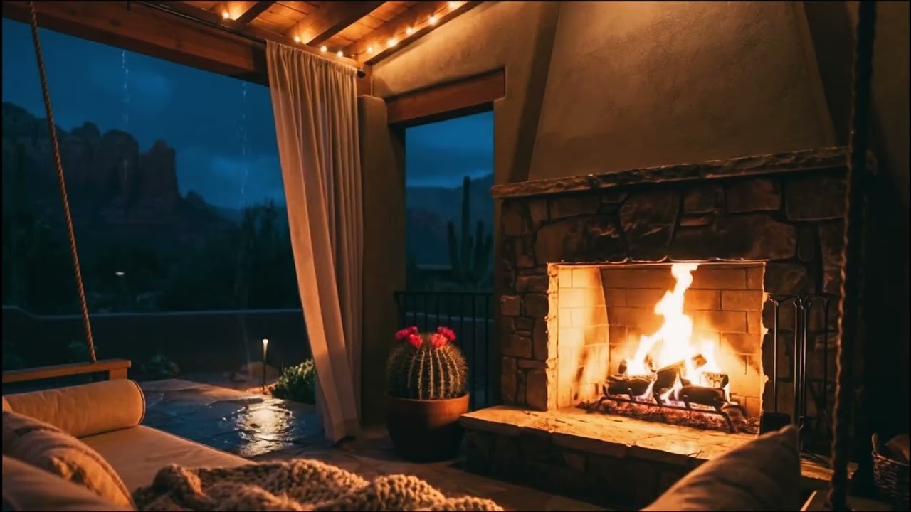 Desert View Porch Swing + Firepit | Rain &  Thunder Ambience | Relax or Sleep (7 Hours)