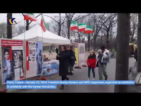 Paris—Jan 23, 2024: MEK supporters organized an exhibition in solidarity with the Iranian Revolution