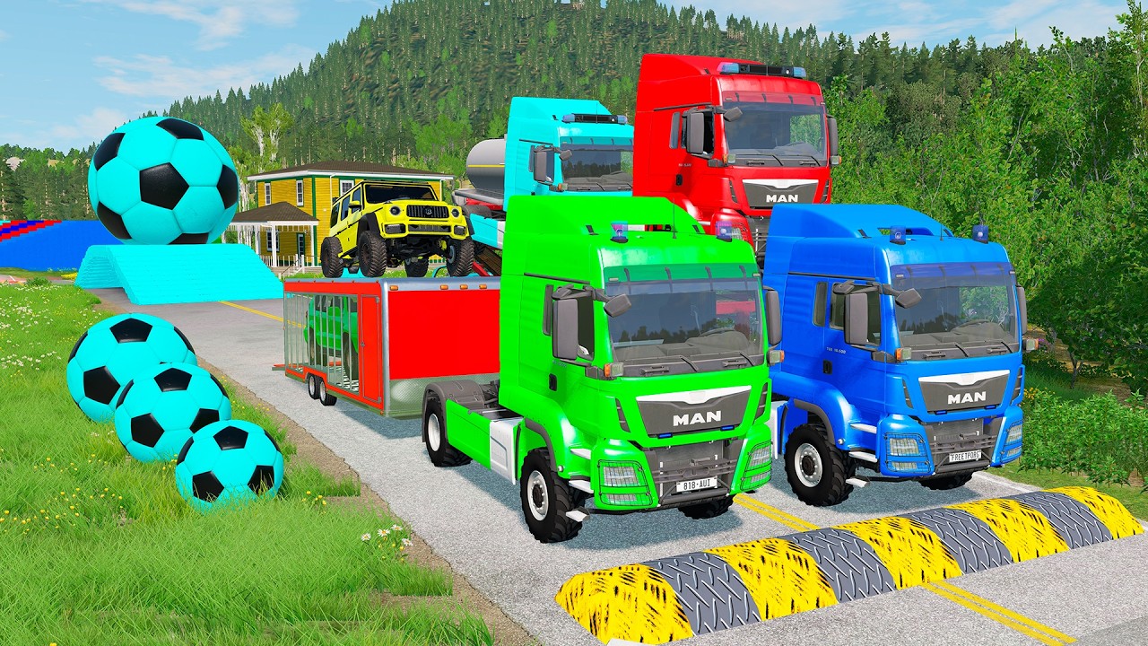 Triple Flatbed Trailer McQueen Transportation with Truck - Speedbumps vs Cars vs Train - BeamNG 0159