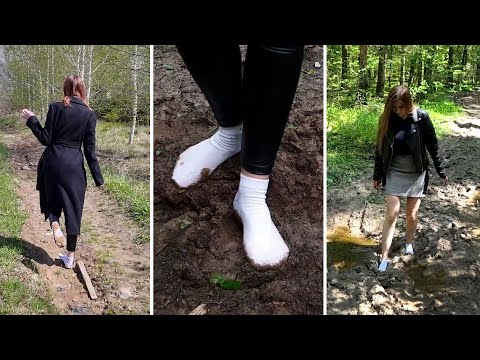 Muddy ankle white socks, white socks in mud, girls walking in mud, wet white socks abused (# 1025)