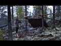 Bushcraft trip - shelter building, boat down river, reindeer skin, meat [lean-to part 1]