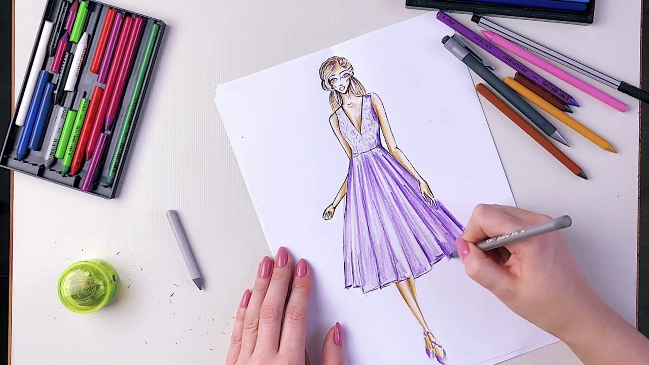 Fashion Drawing I Tutorial I Violet dress for wedding I Sopsi - YouTube