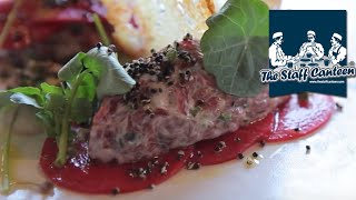 Bavette of Irish Beef tartar recipe with anchovy, salted leek buds, pickled red meat radish, quinoa