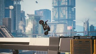 Cyberpunk 2077 hovering motorcycle outside of Lucys apartment