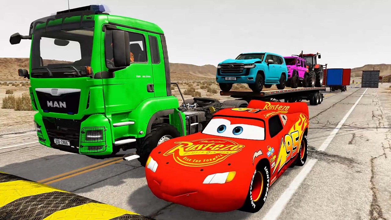 TRANSPORTING PIXAR CARS & FRUITS WITH COLORED & JOHN DEERE vs CLAAS vs TRACTORS - BeamNG.drive #962