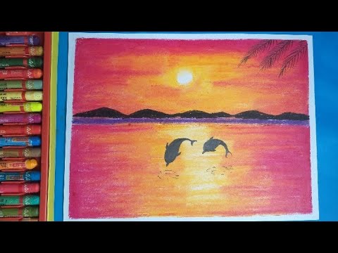 Dolphin Sunset Scenery drawing with oil pastel- step by step